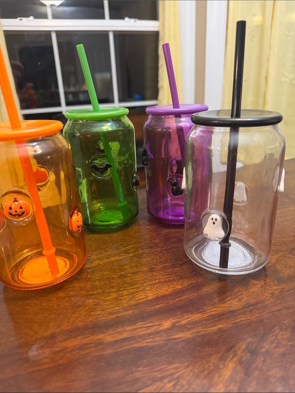 Halloween Ghost, Pumpkin, cat & bat Glass Tumblers - Orange, Green, Purple, Clea